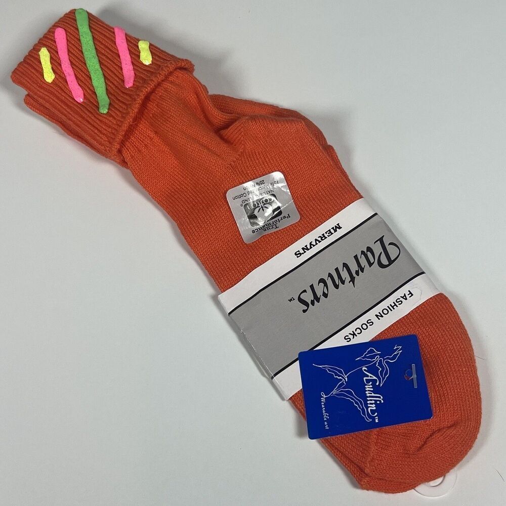 Vintage Mervyn’s Partners Orange 80’s Cuffed Anklet Socks Women Size 9-11 NOS